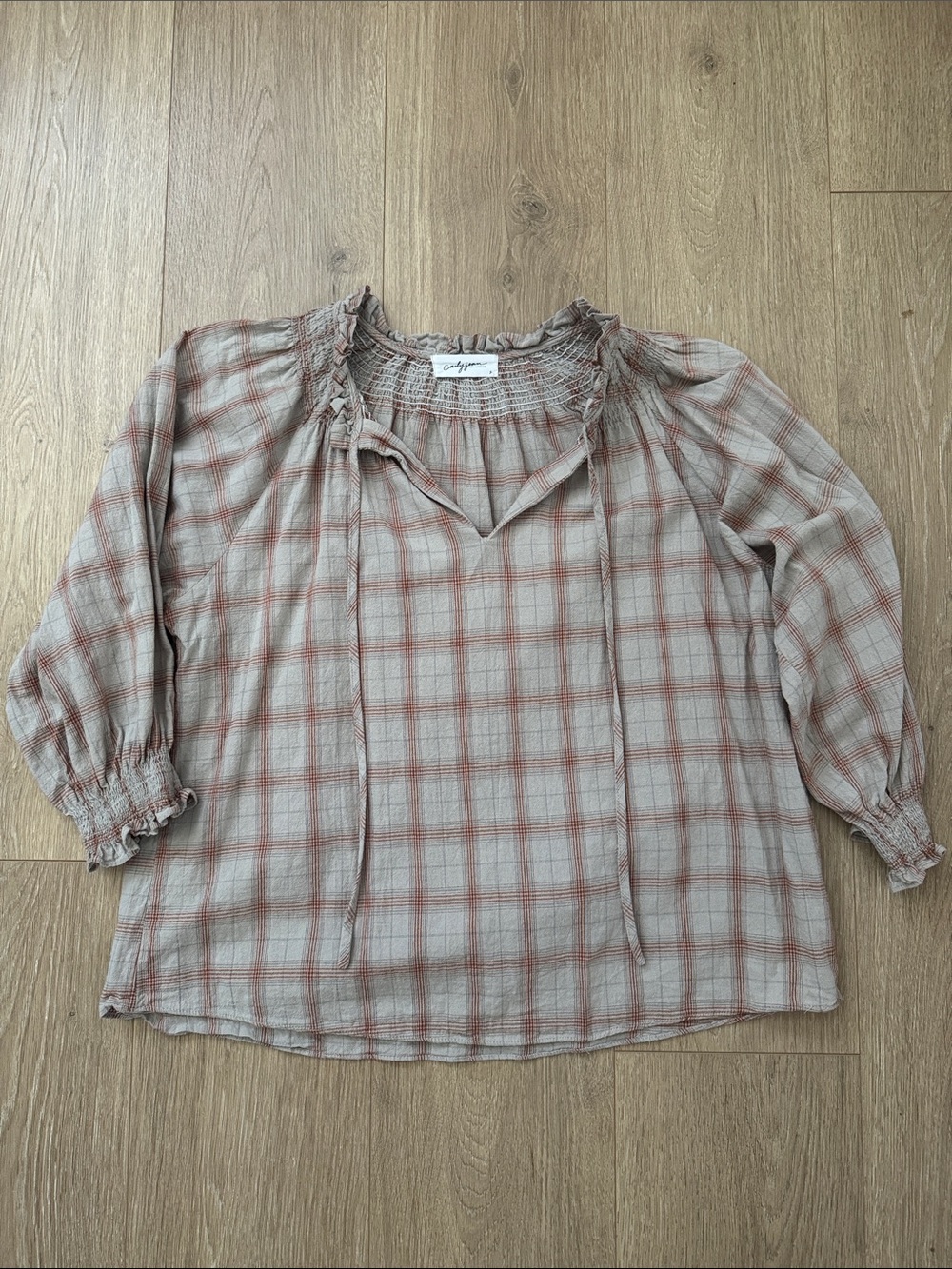 Carly Jean Los Angeles Beige and Rust Plaid Cotton Peasant Tunic